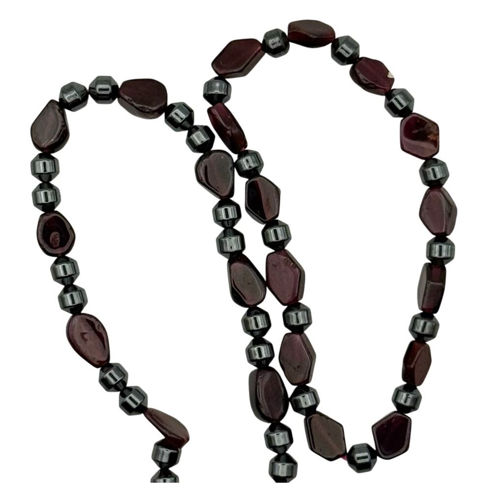 Natural Stone Bracelet Set Hematite & Red Tone Stretch Beaded Bracelets Pair